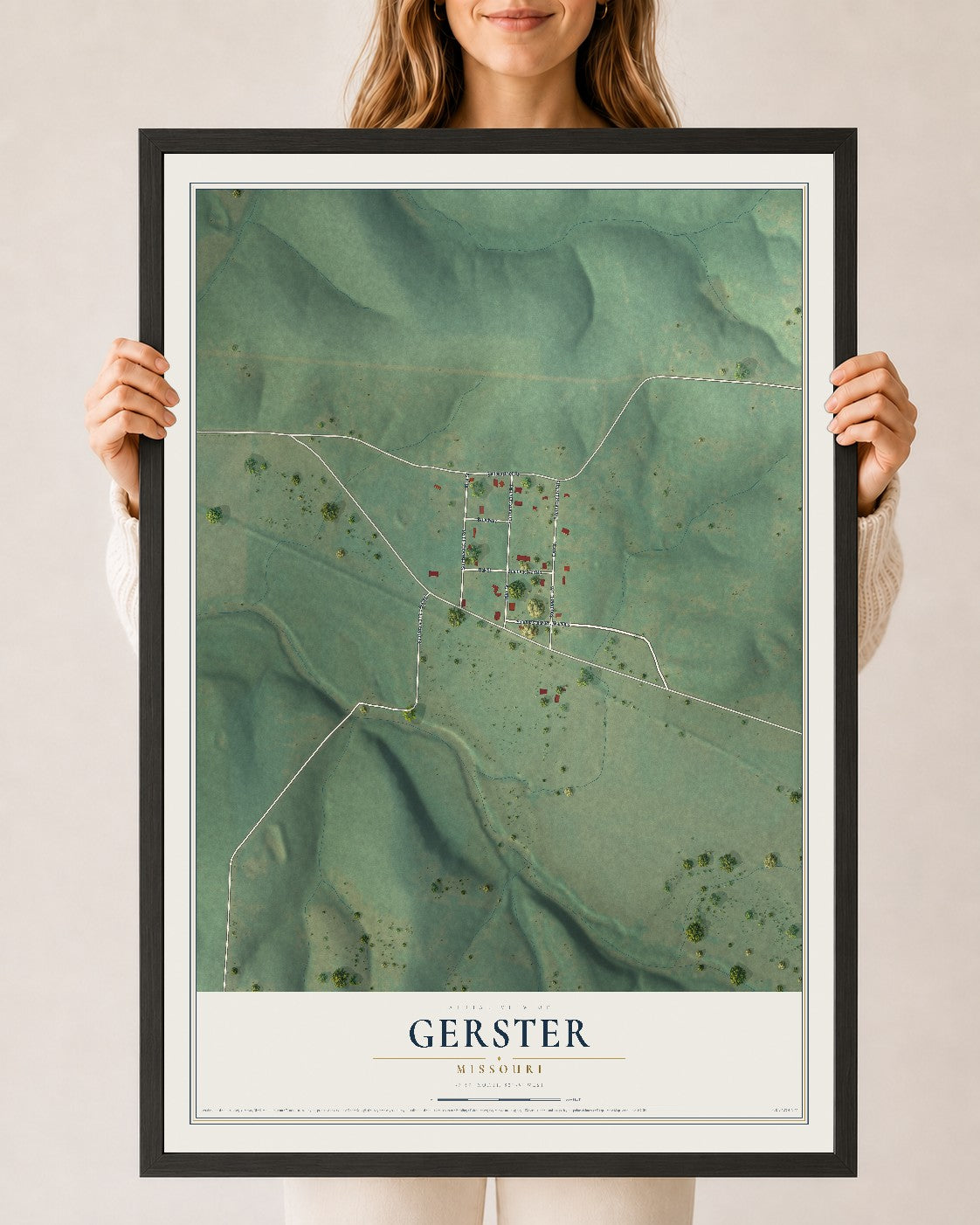 Map of Gerster, Missouri, 24 x 36 inch print in a black wood frame