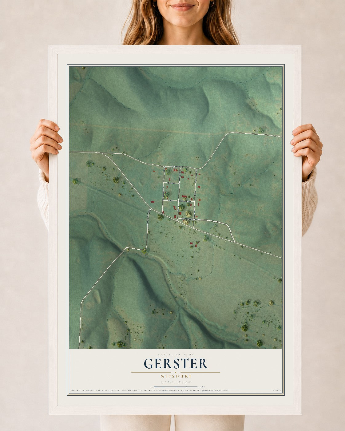 Map of Gerster, Missouri, 24 x 36 inch print in a white wood frame