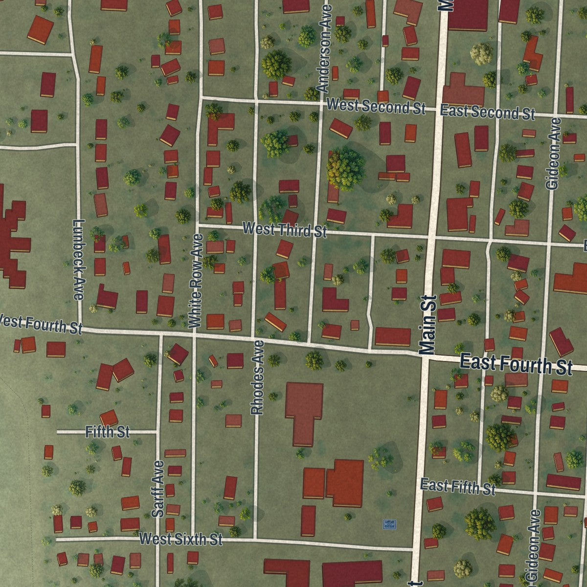 Close-up of the map of Gideon, Missouri print showing street and building detail