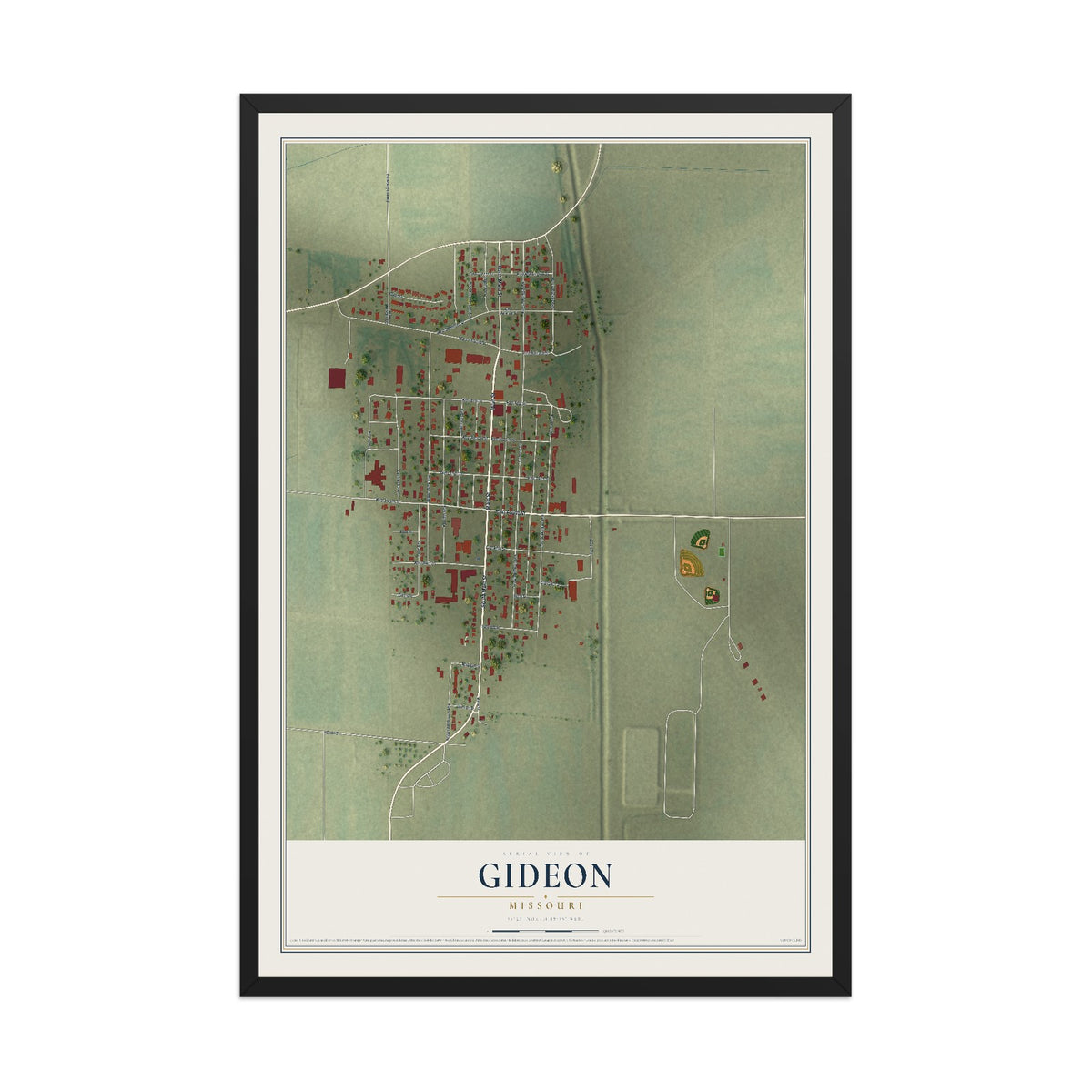 Map of Gideon, Missouri, 12 x 18 inch print in a black wood frame