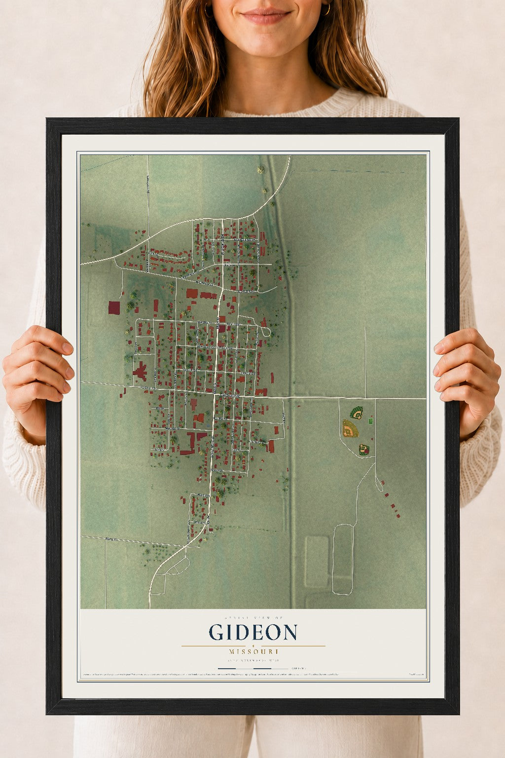 Map of Gideon, Missouri, 18 x 24 inch print in a black wood frame