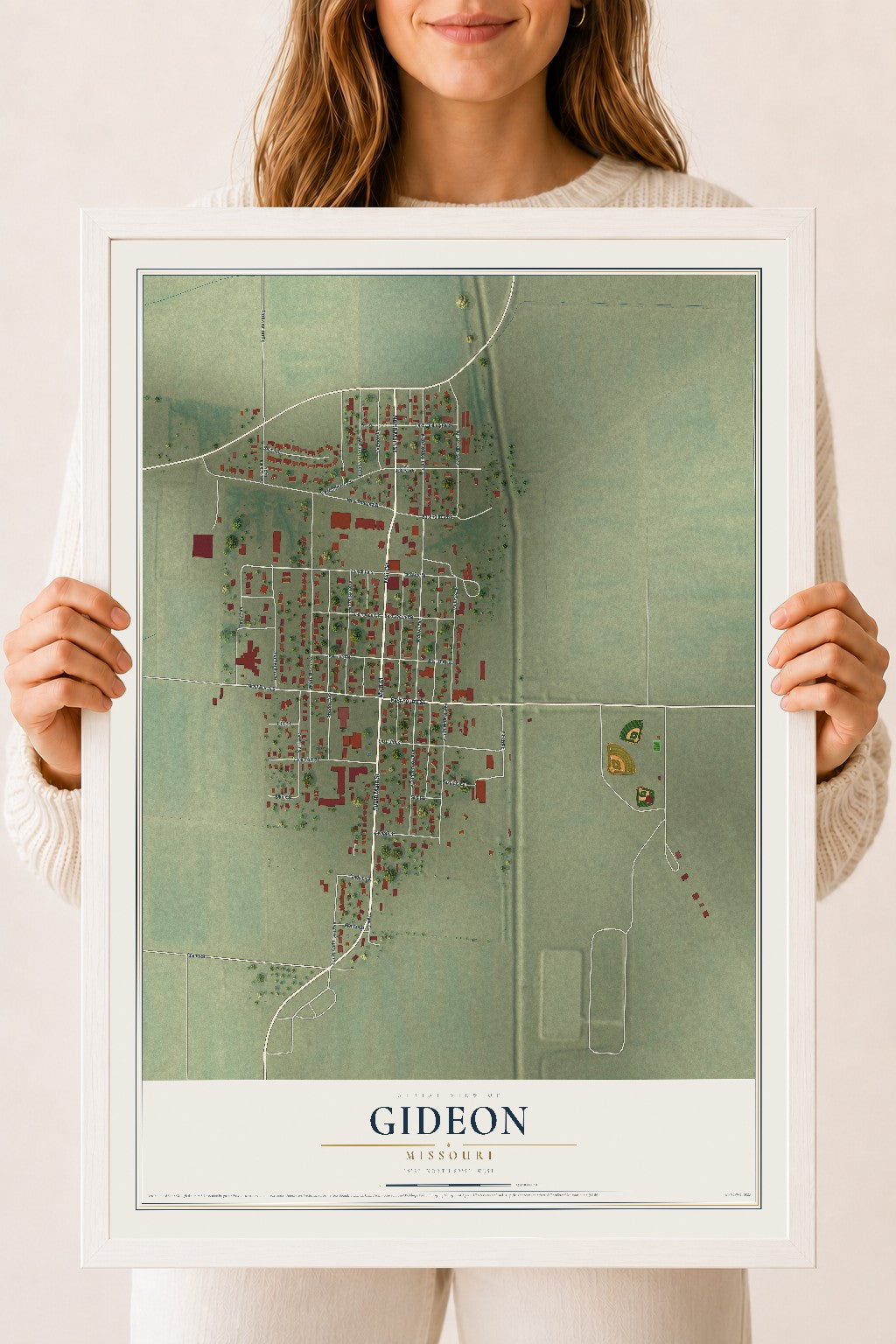 Map of Gideon, Missouri, 18 x 24 inch print in a white wood frame