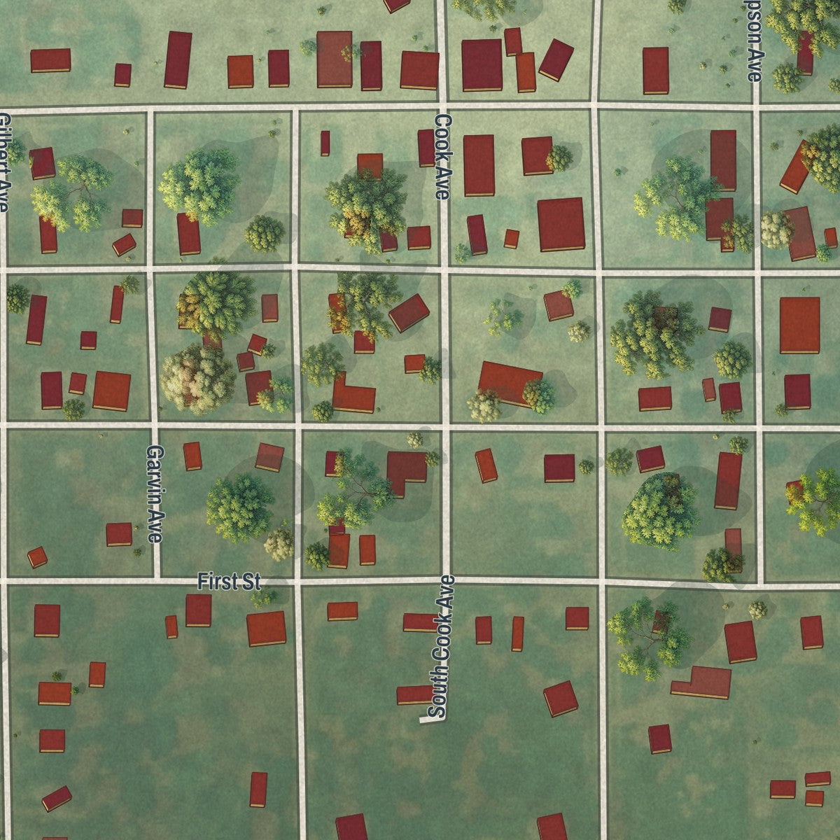 Close-up of the map of Gilman City, Missouri print showing street and building detail