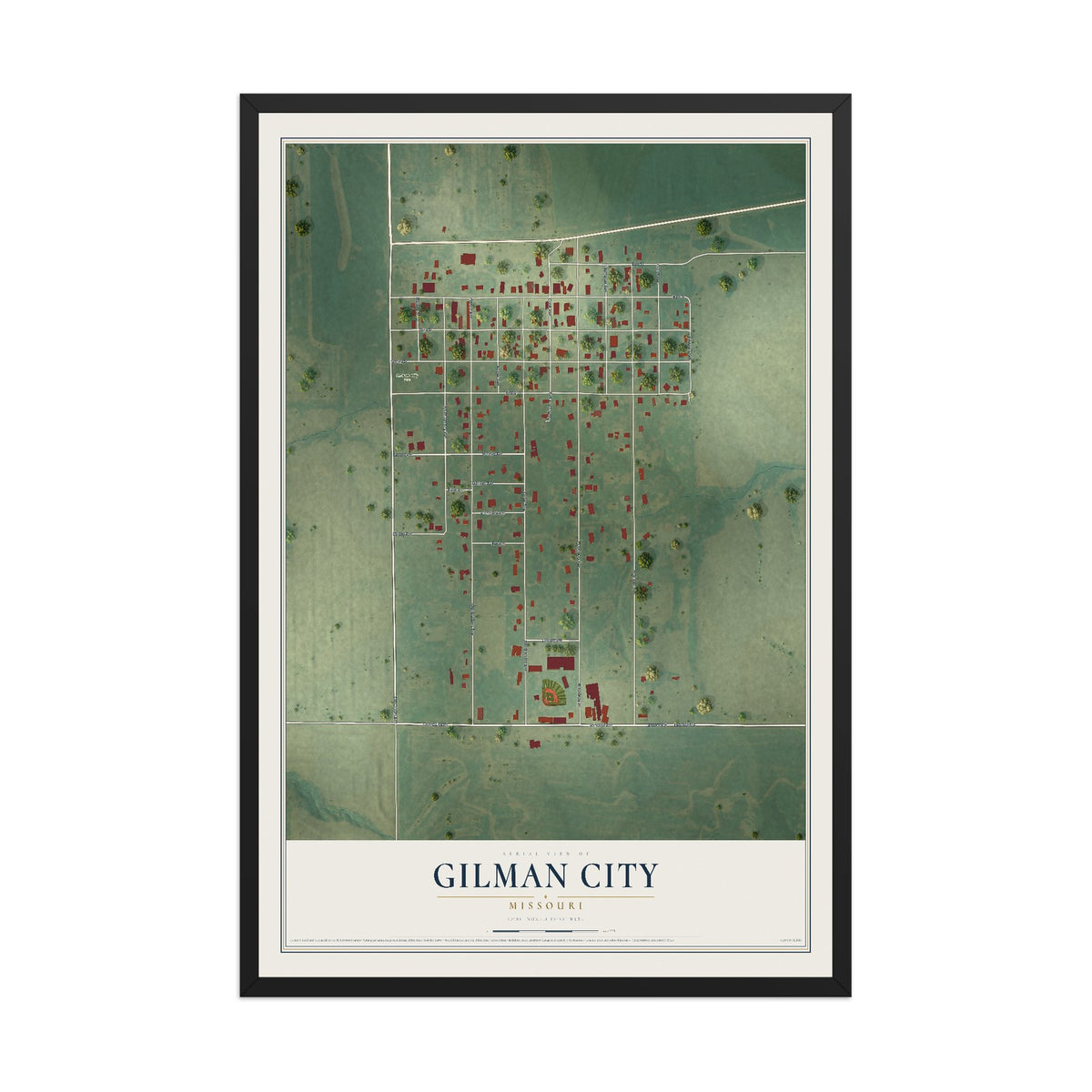 Map of Gilman City, Missouri, 12 x 18 inch print in a black wood frame