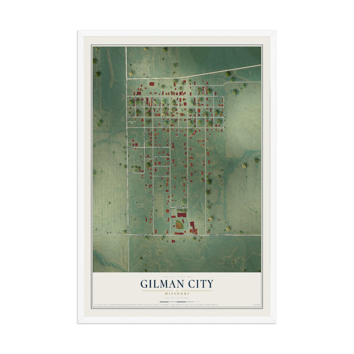 Map of Gilman City, Missouri, 12 x 18 inch print in a white wood frame