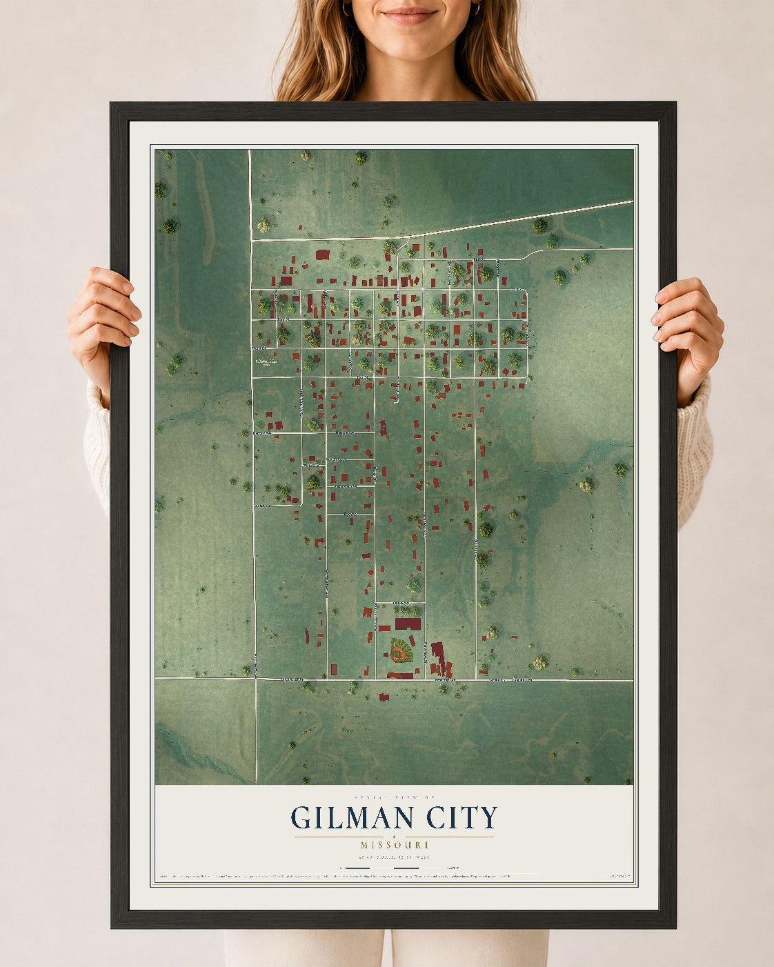 Map of Gilman City, Missouri, 24 x 36 inch print in a black wood frame