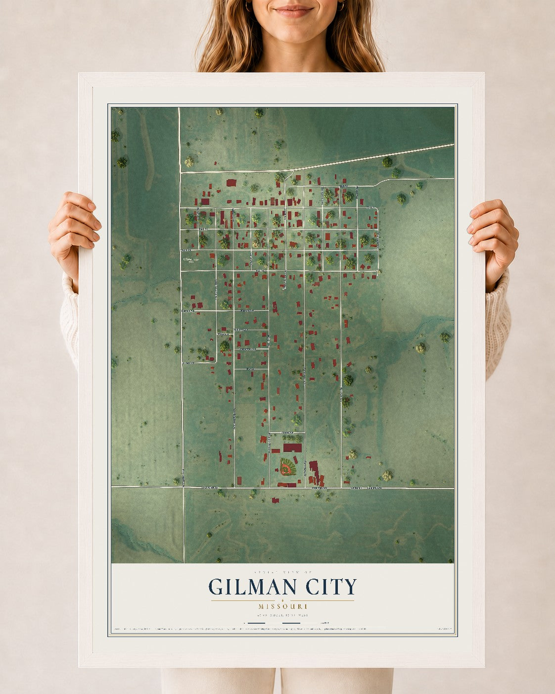 Map of Gilman City, Missouri, 24 x 36 inch print in a white wood frame
