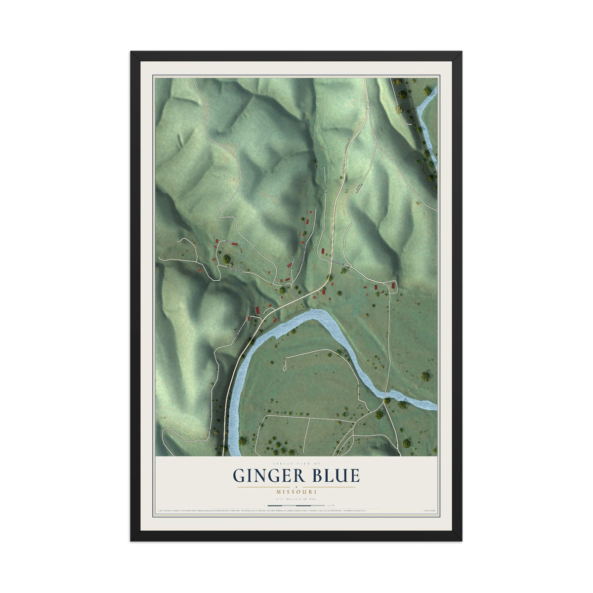 Map of Ginger Blue, Missouri, 12 x 18 inch print in a black wood frame