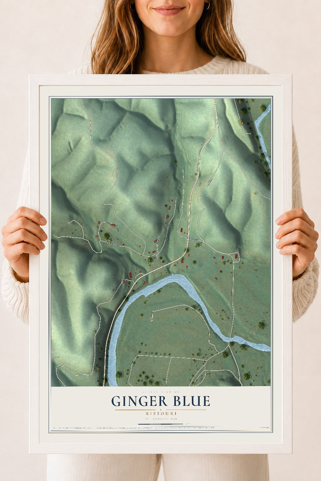 Map of Ginger Blue, Missouri, 18 x 24 inch print in a white wood frame