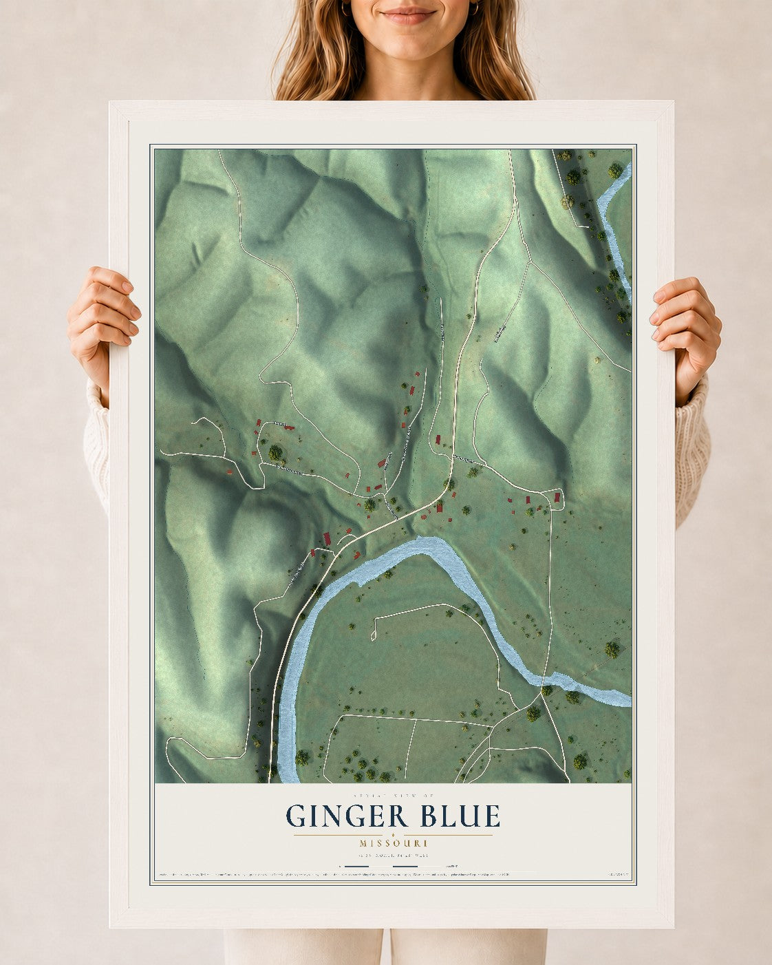 Map of Ginger Blue, Missouri, 24 x 36 inch print in a white wood frame