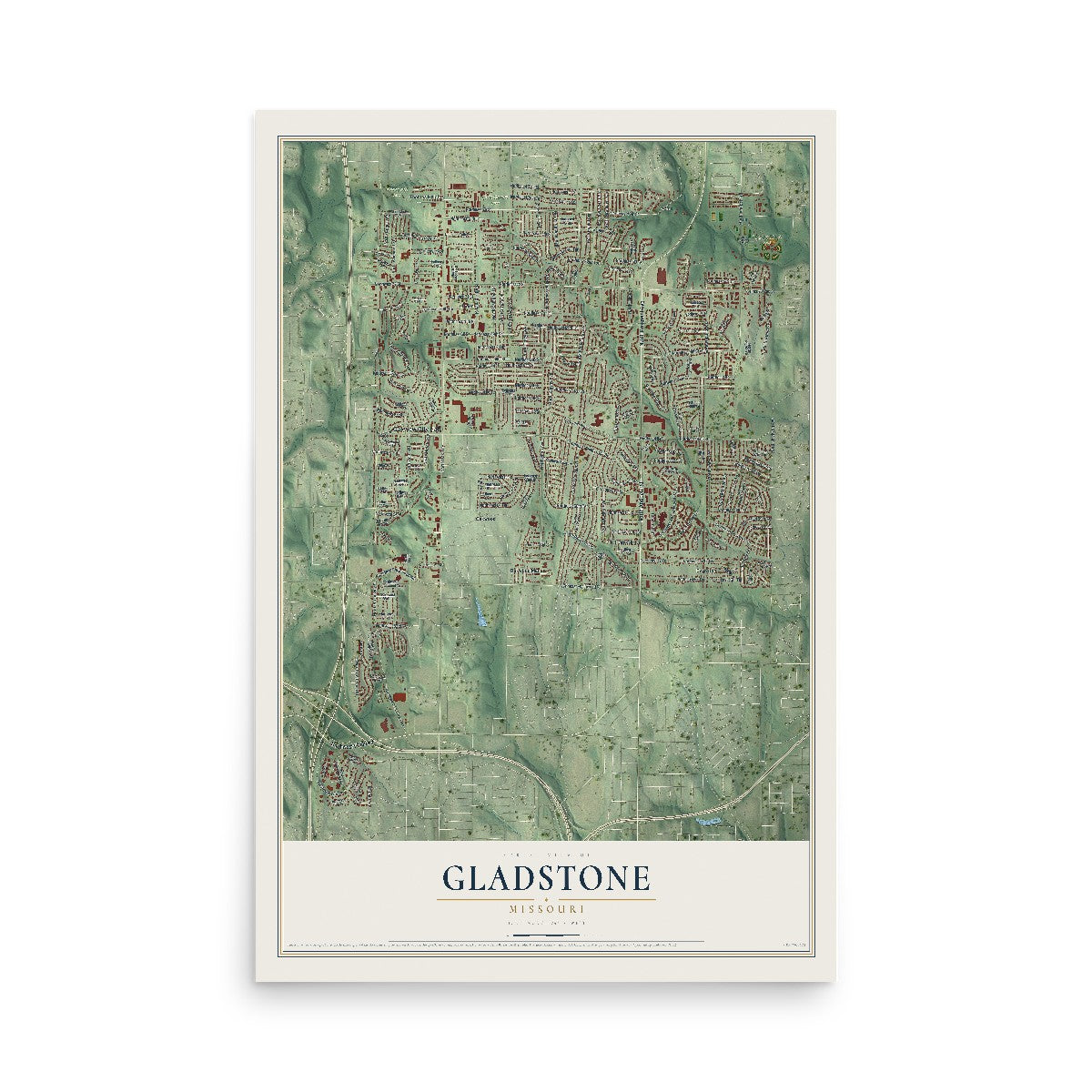 Map of Gladstone, Missouri, 12 x 18 inch unframed archival matte print