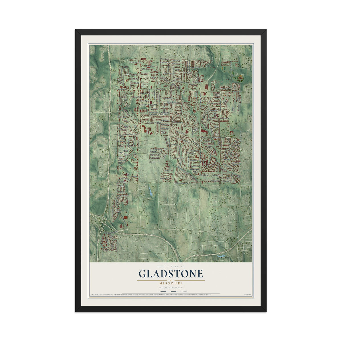 Map of Gladstone, Missouri, 12 x 18 inch print in a black wood frame