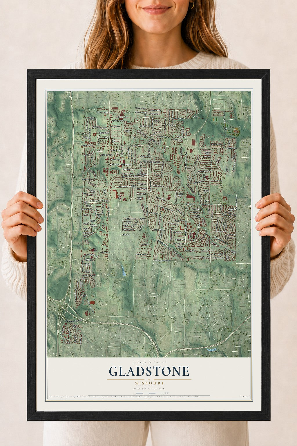 Map of Gladstone, Missouri, 18 x 24 inch print in a black wood frame