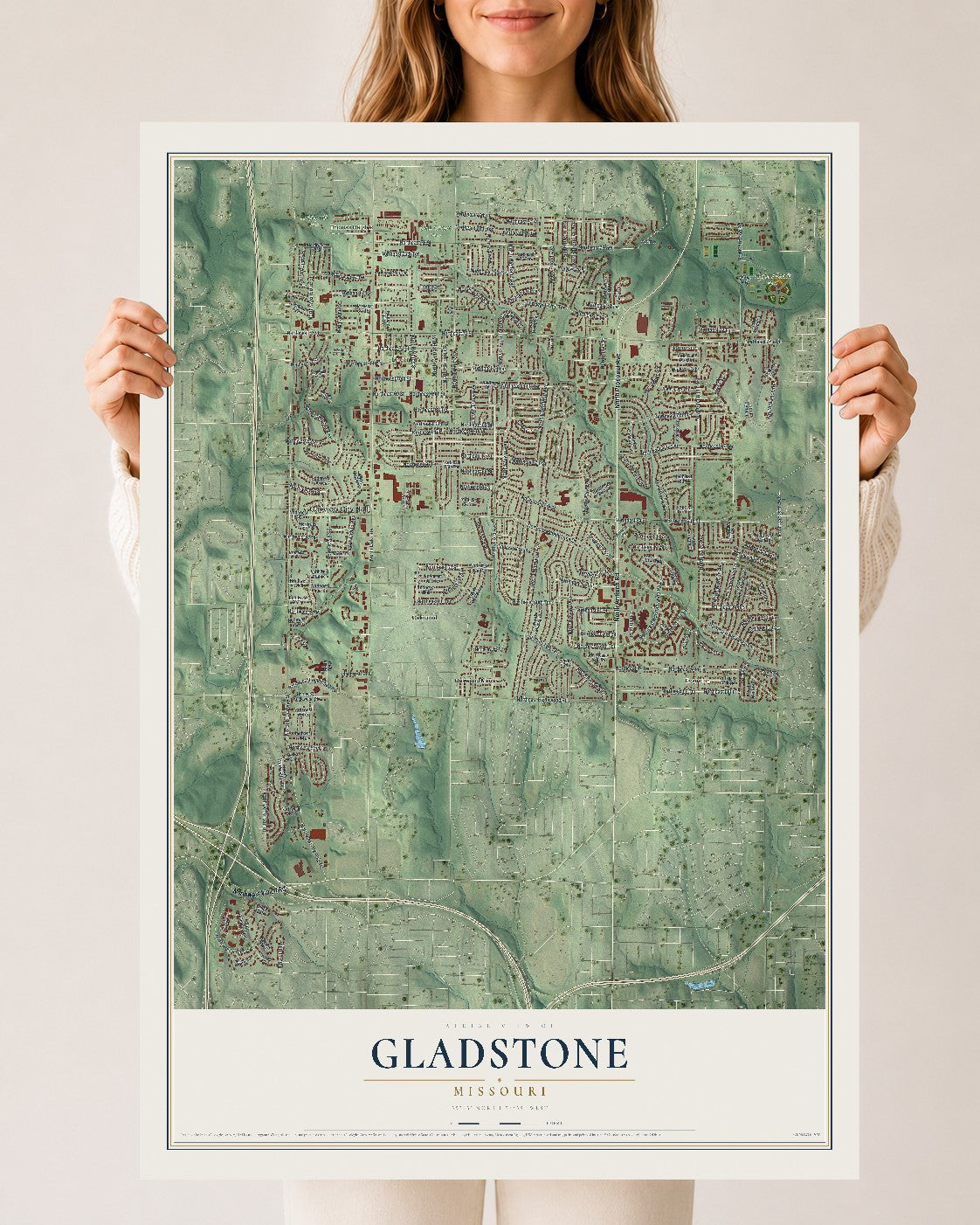 Map of Gladstone, Missouri, 24 x 36 inch unframed archival matte print