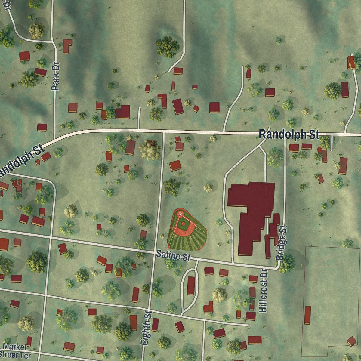 Second close-up of the map of Glasgow, Missouri print showing more streets and buildings