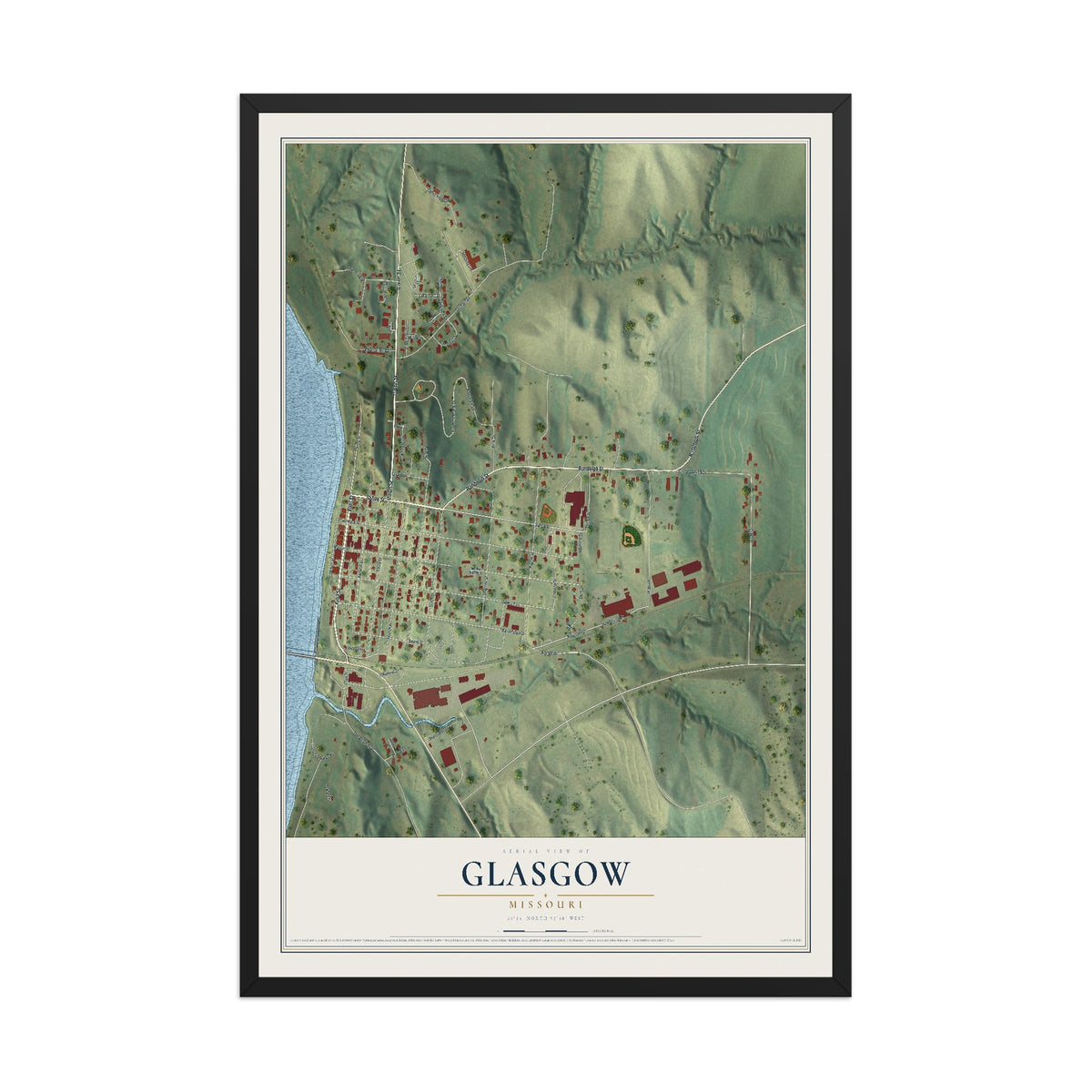 Map of Glasgow, Missouri, 12 x 18 inch print in a black wood frame