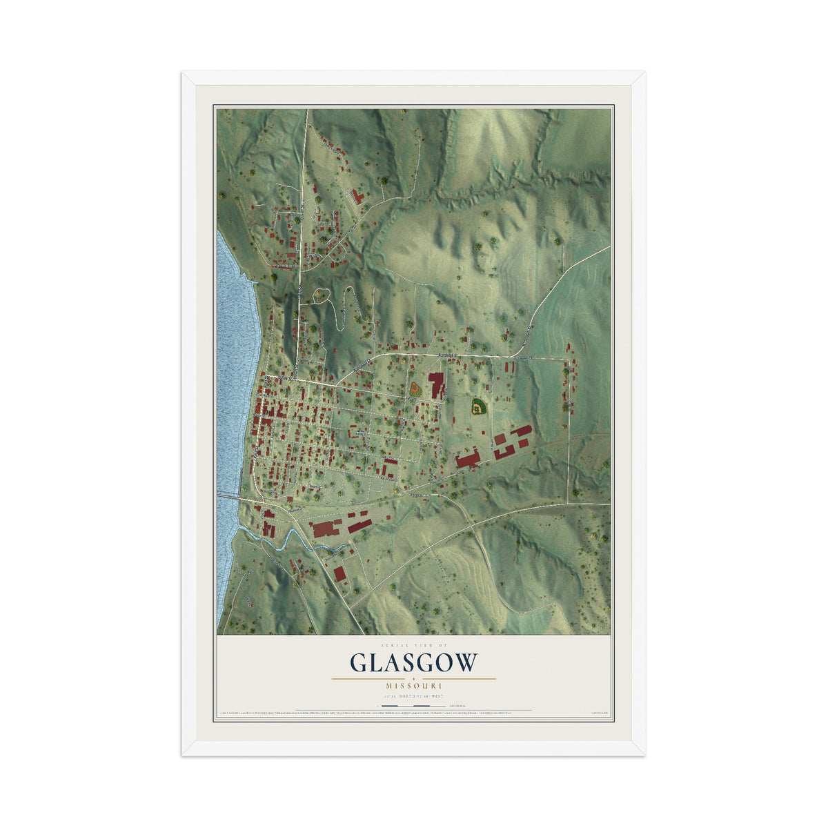 Map of Glasgow, Missouri, 12 x 18 inch print in a white wood frame