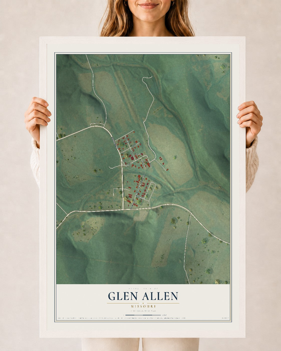 Map of Glen Allen, Missouri, 24 x 36 inch print in a white wood frame
