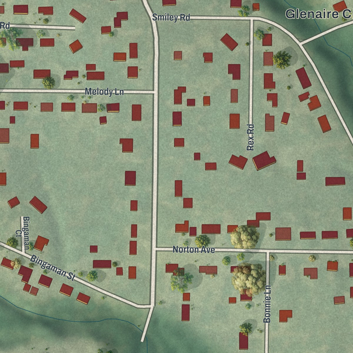 Close-up of the map of Glenaire, Missouri print showing street and building detail