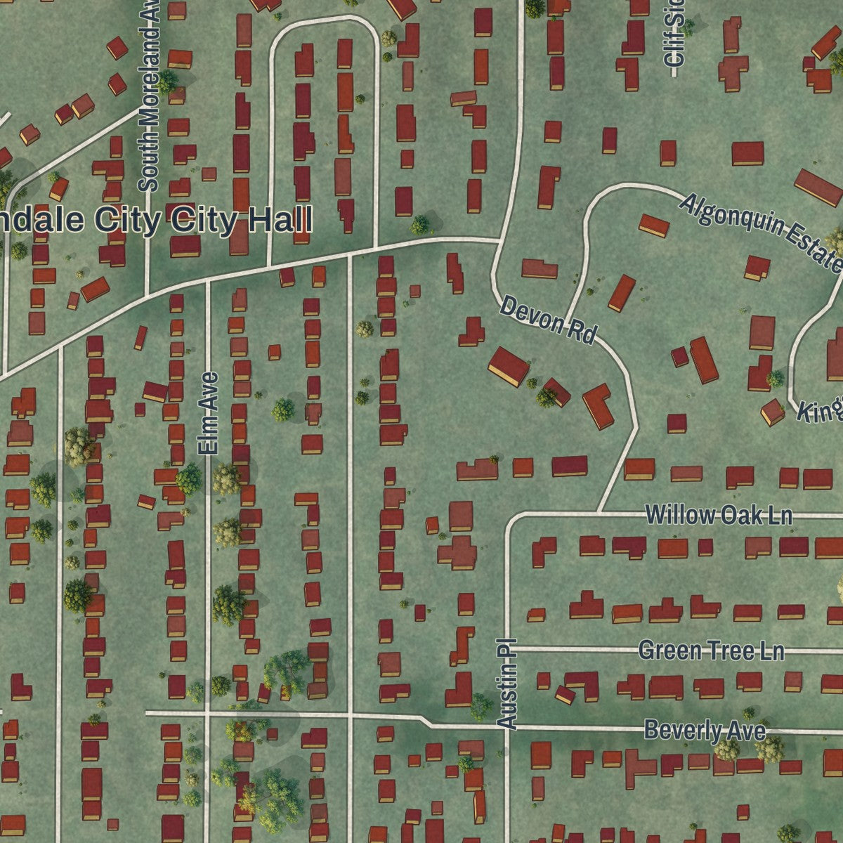 Second close-up of the map of Glendale, Missouri print showing more streets and buildings