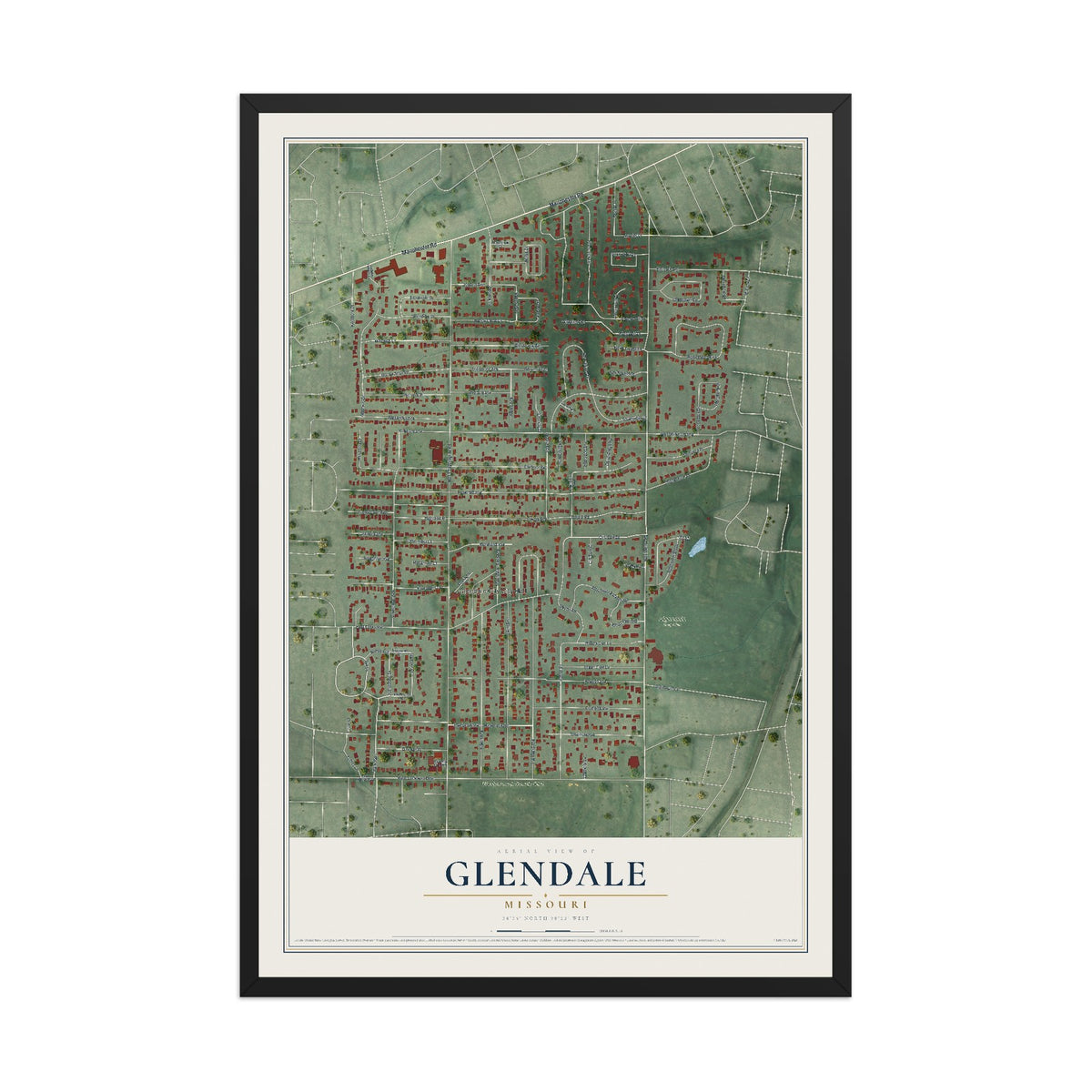 Map of Glendale, Missouri, 12 x 18 inch print in a black wood frame