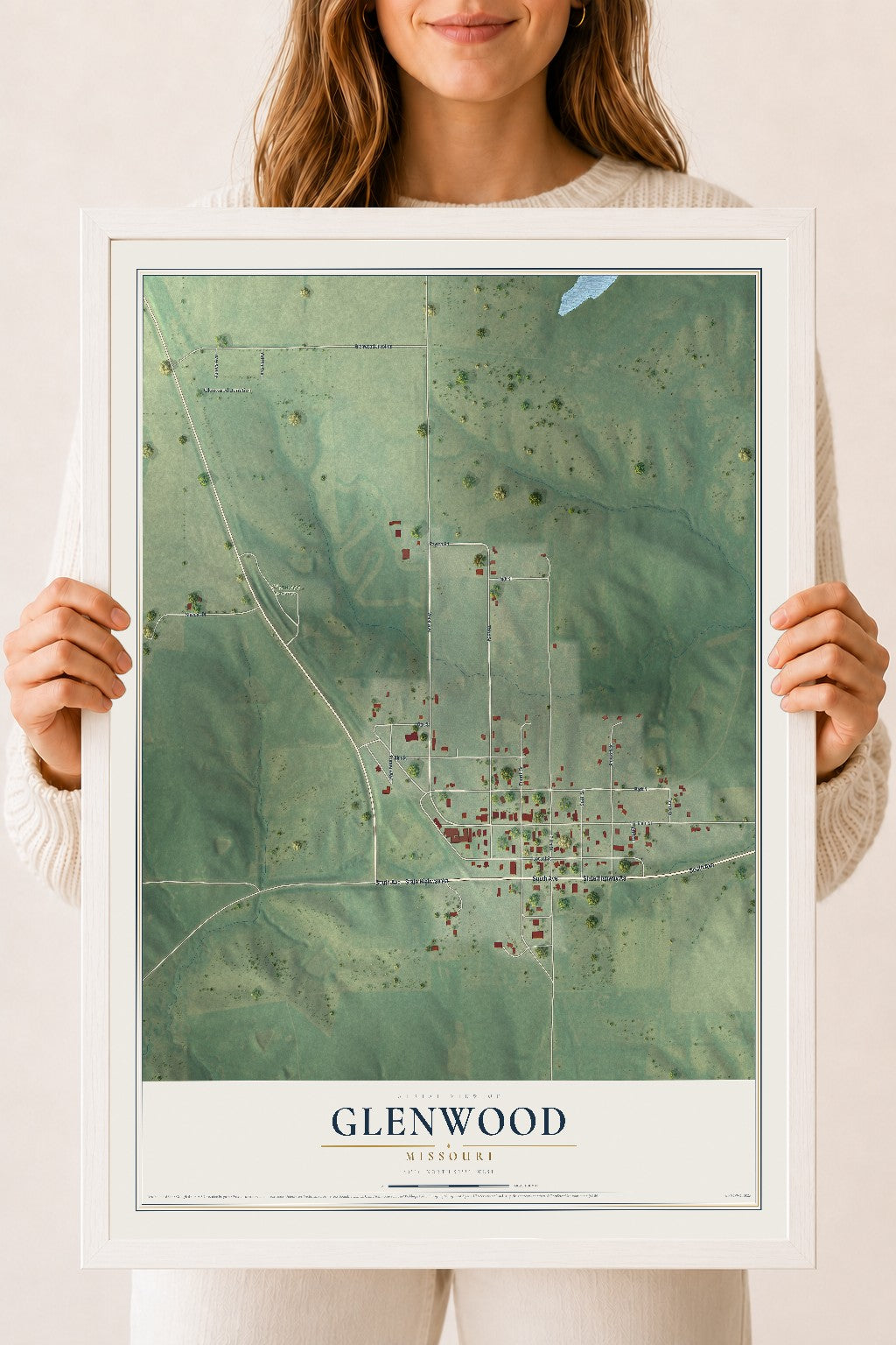 Map of Glenwood, Missouri, 18 x 24 inch print in a white wood frame