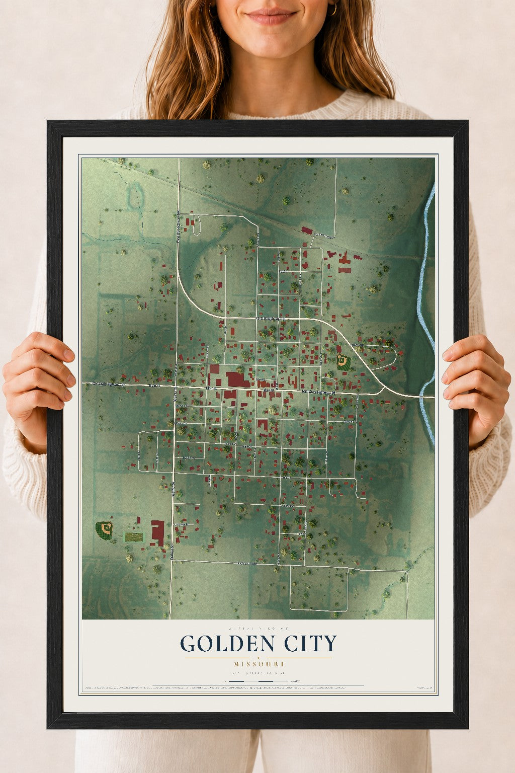 Map of Golden City, Missouri, 18 x 24 inch print in a black wood frame