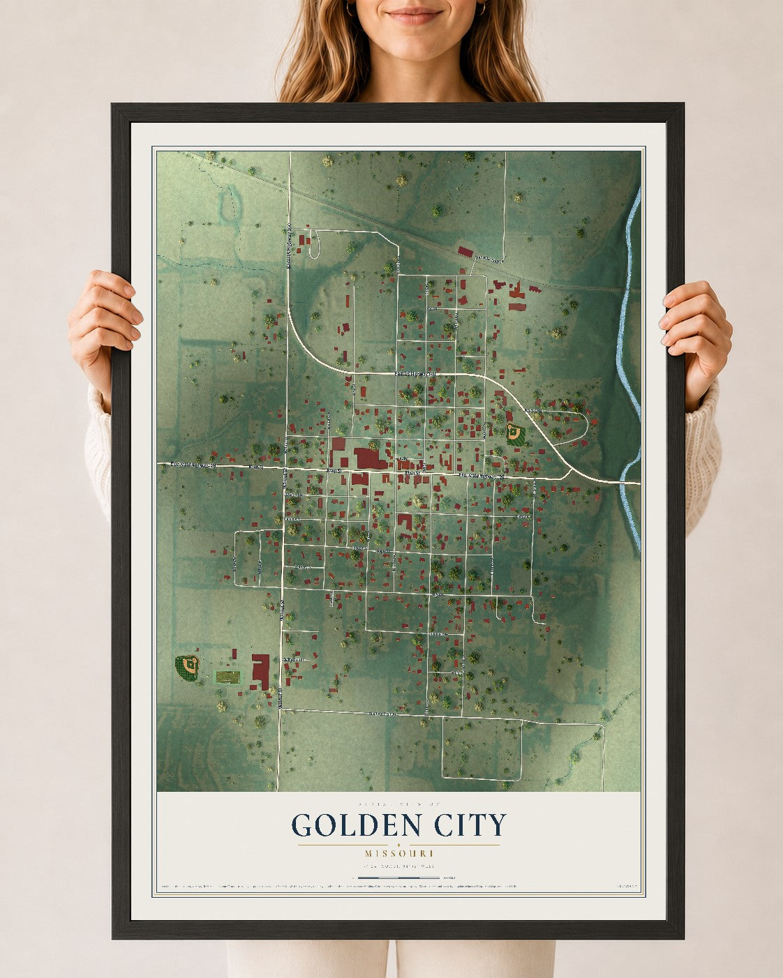 Map of Golden City, Missouri, 24 x 36 inch print in a black wood frame