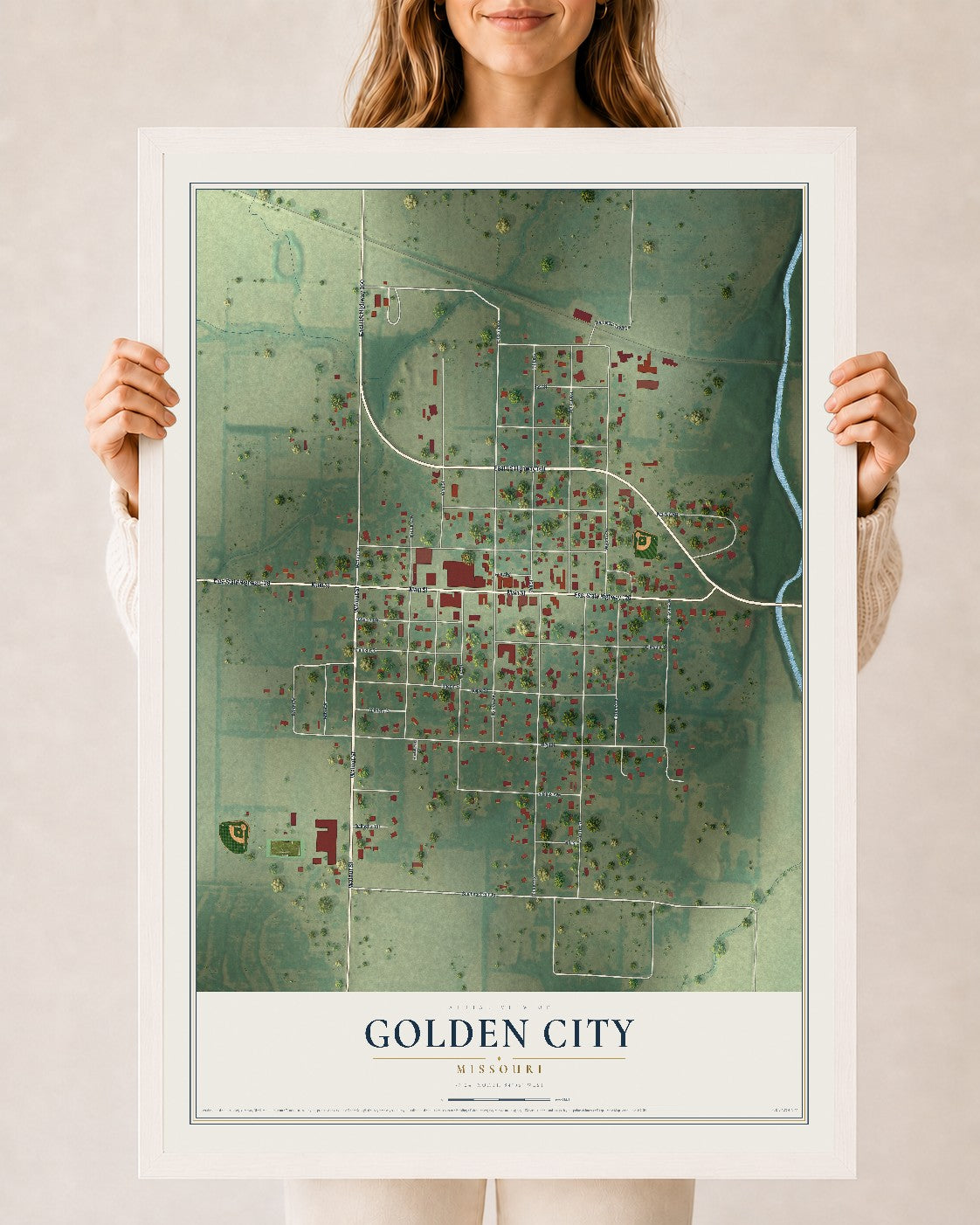 Map of Golden City, Missouri, 24 x 36 inch print in a white wood frame