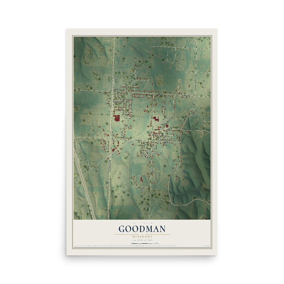 Map of Goodman, Missouri, 12 x 18 inch unframed archival matte print