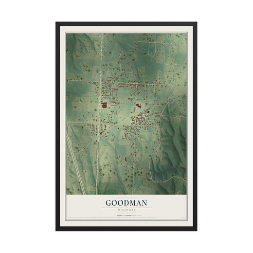 Map of Goodman, Missouri, 12 x 18 inch print in a black wood frame