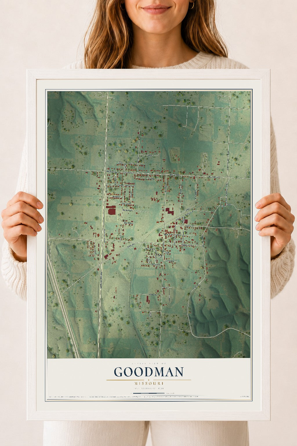 Map of Goodman, Missouri, 18 x 24 inch print in a white wood frame