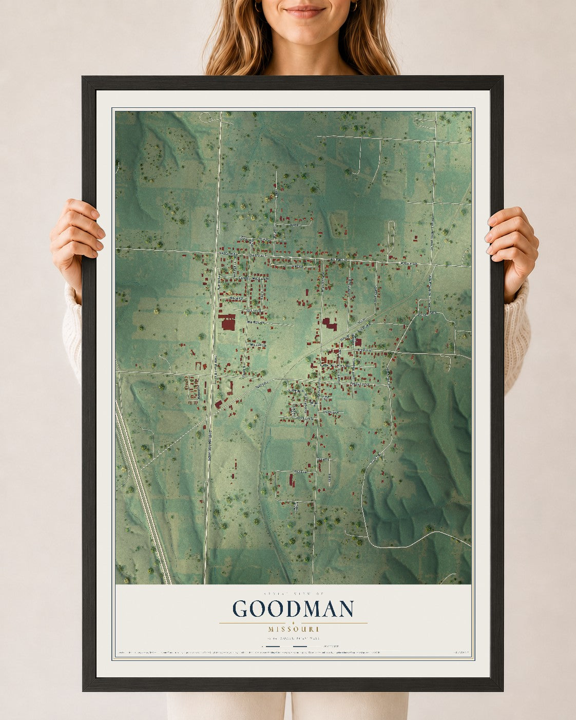 Map of Goodman, Missouri, 24 x 36 inch print in a black wood frame