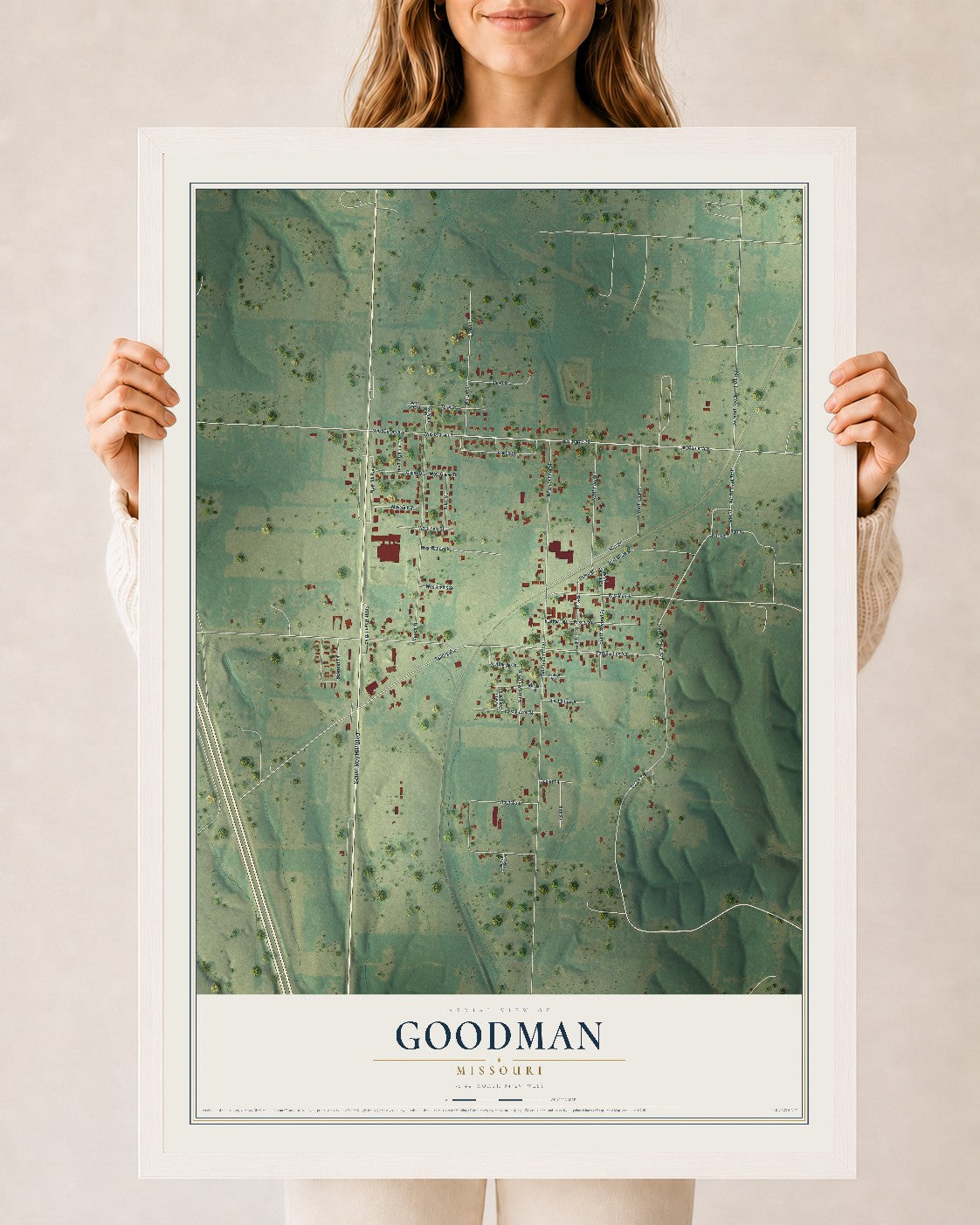 Map of Goodman, Missouri, 24 x 36 inch print in a white wood frame