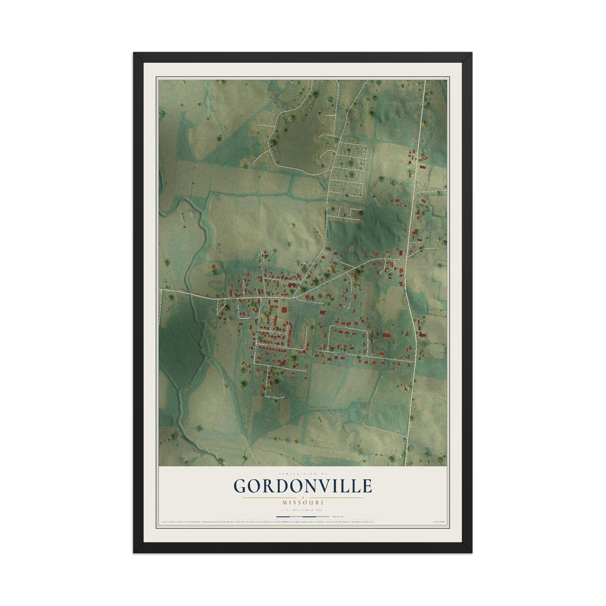 Map of Gordonville, Missouri, 12 x 18 inch print in a black wood frame