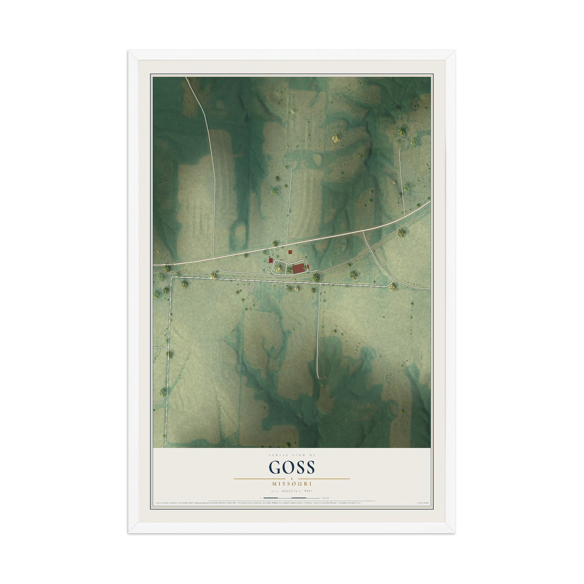 Map of Goss, Missouri, 12 x 18 inch print in a white wood frame