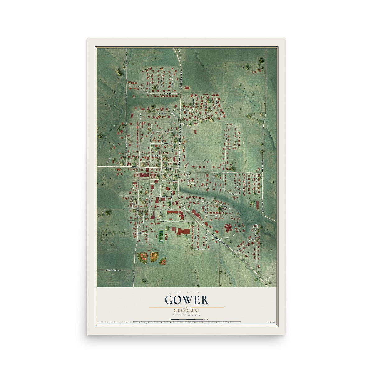 Map of Gower, Missouri, 12 x 18 inch unframed archival matte print