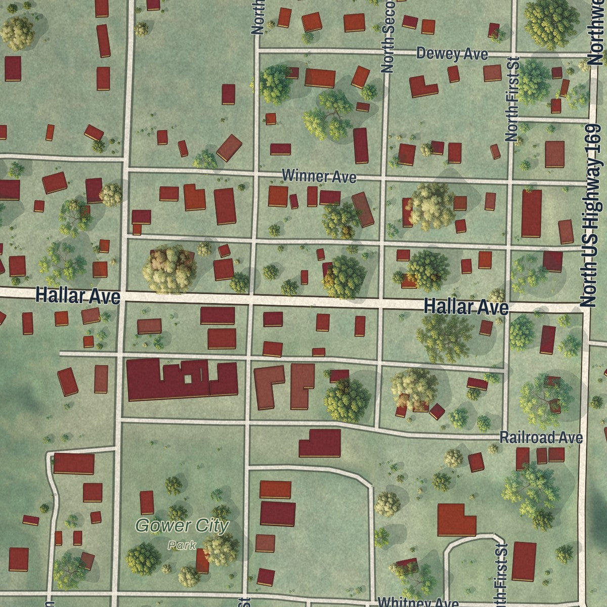 Close-up of the map of Gower, Missouri print showing street and building detail