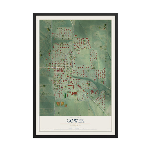 Map of Gower, Missouri, 12 x 18 inch print in a black wood frame
