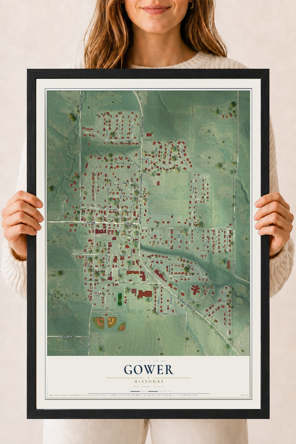 Map of Gower, Missouri, 18 x 24 inch print in a black wood frame
