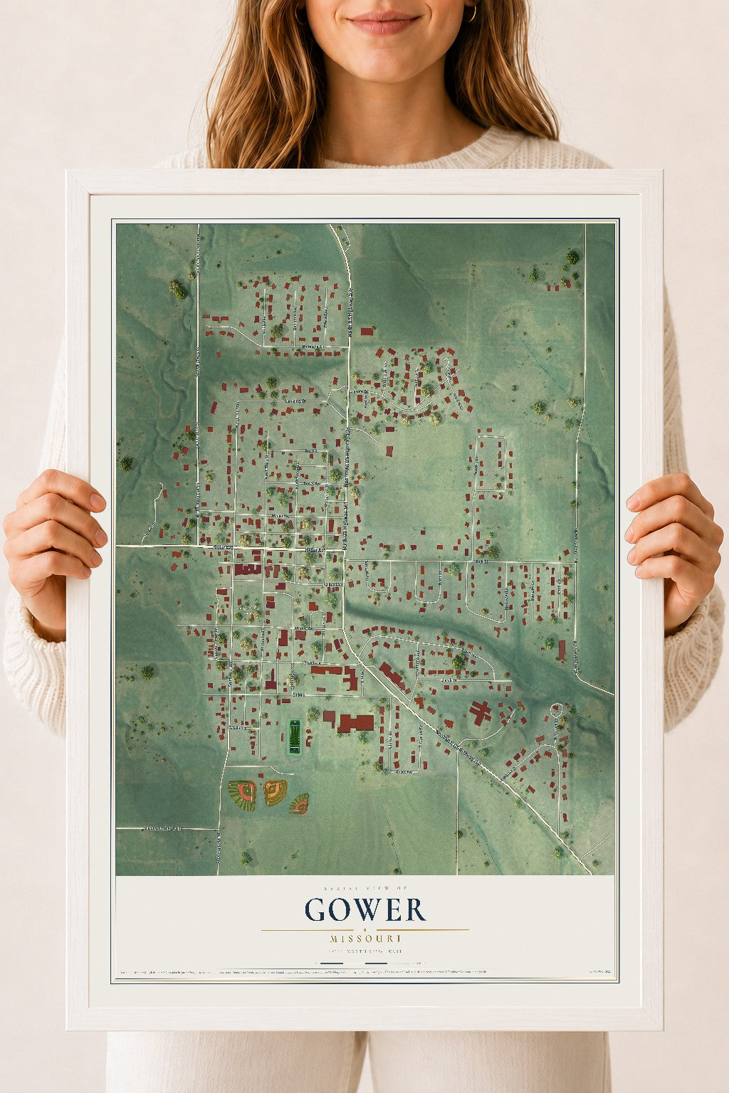 Map of Gower, Missouri, 18 x 24 inch print in a white wood frame
