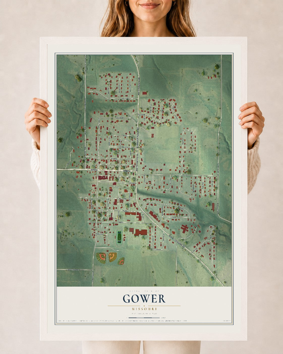 Map of Gower, Missouri, 24 x 36 inch print in a white wood frame