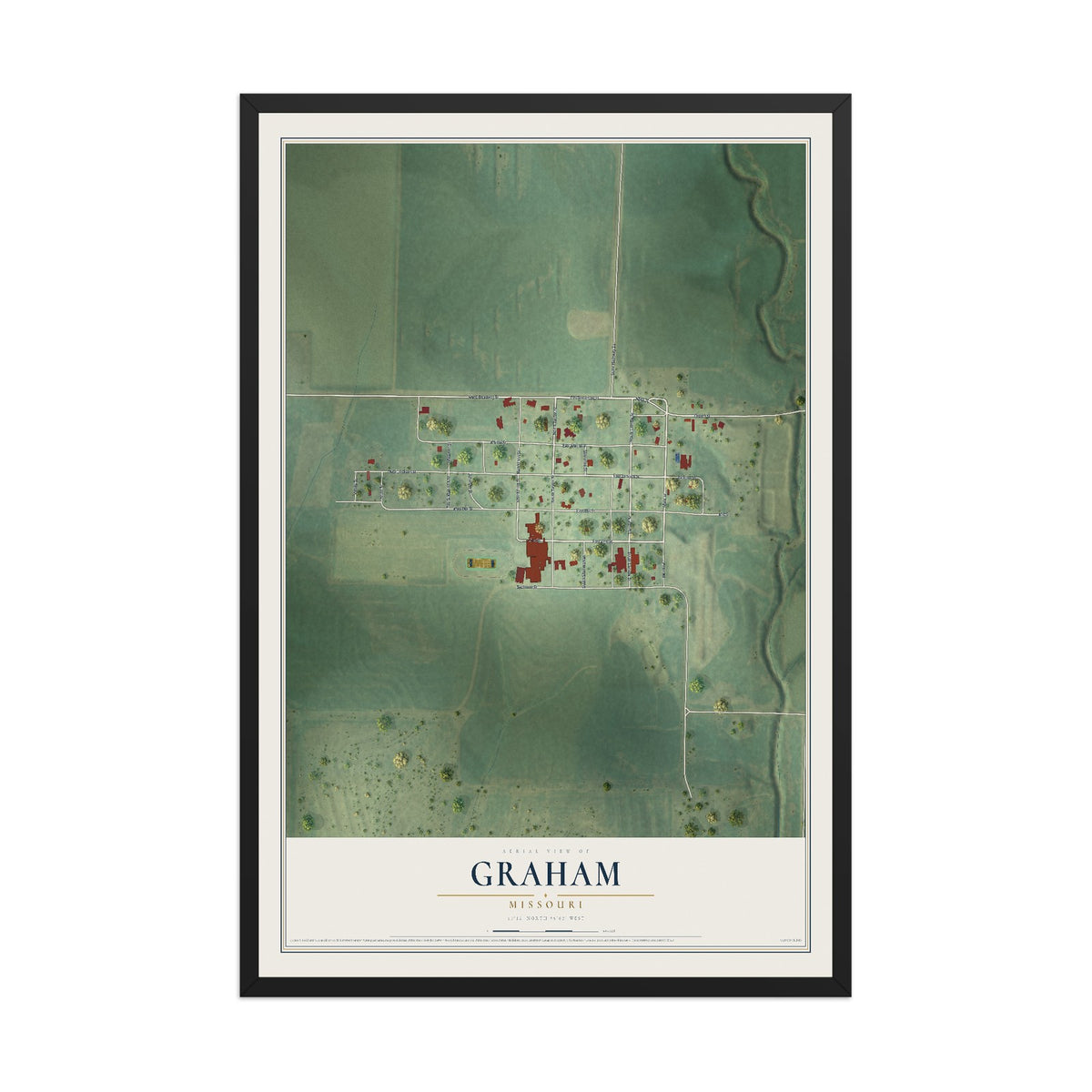 Map of Graham, Missouri, 12 x 18 inch print in a black wood frame