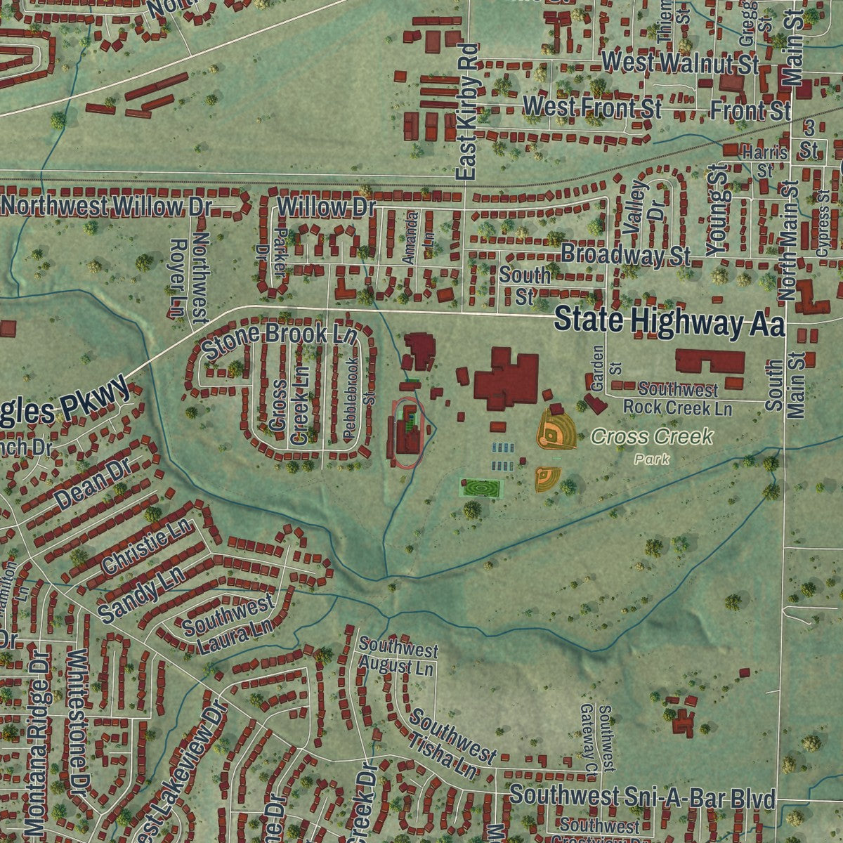 Close-up of the map of Grain Valley, Missouri print showing street and building detail