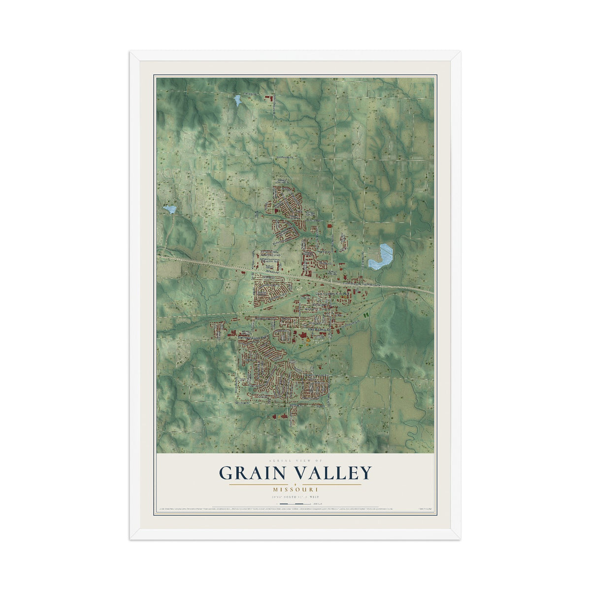 Map of Grain Valley, Missouri, 12 x 18 inch print in a white wood frame