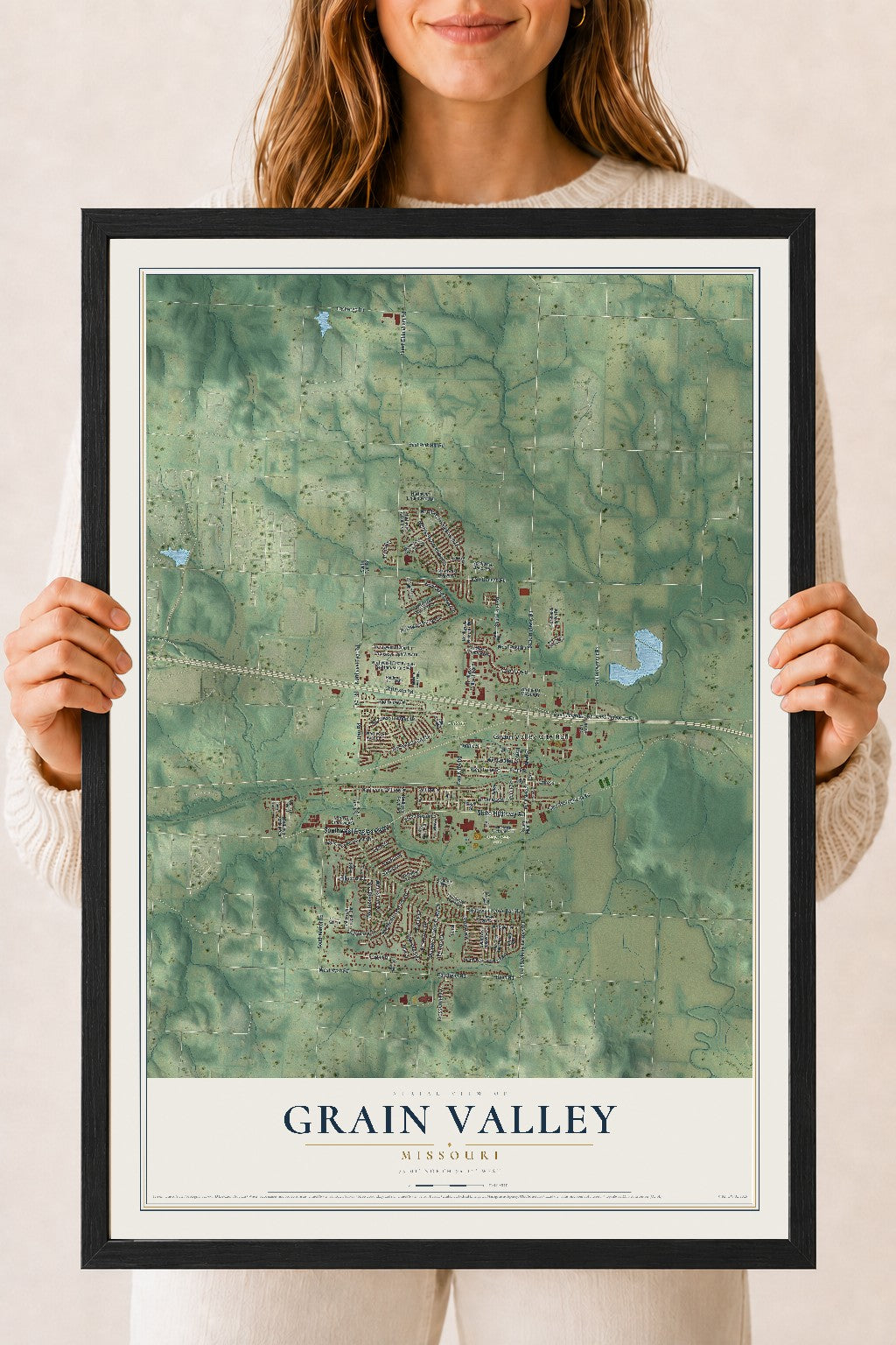 Map of Grain Valley, Missouri, 18 x 24 inch print in a black wood frame