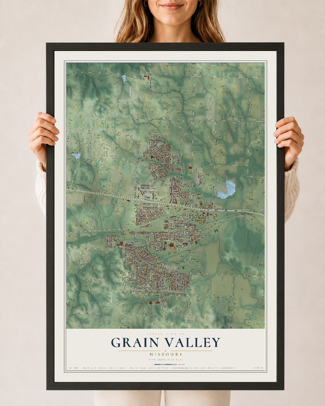 Map of Grain Valley, Missouri, 24 x 36 inch print in a black wood frame