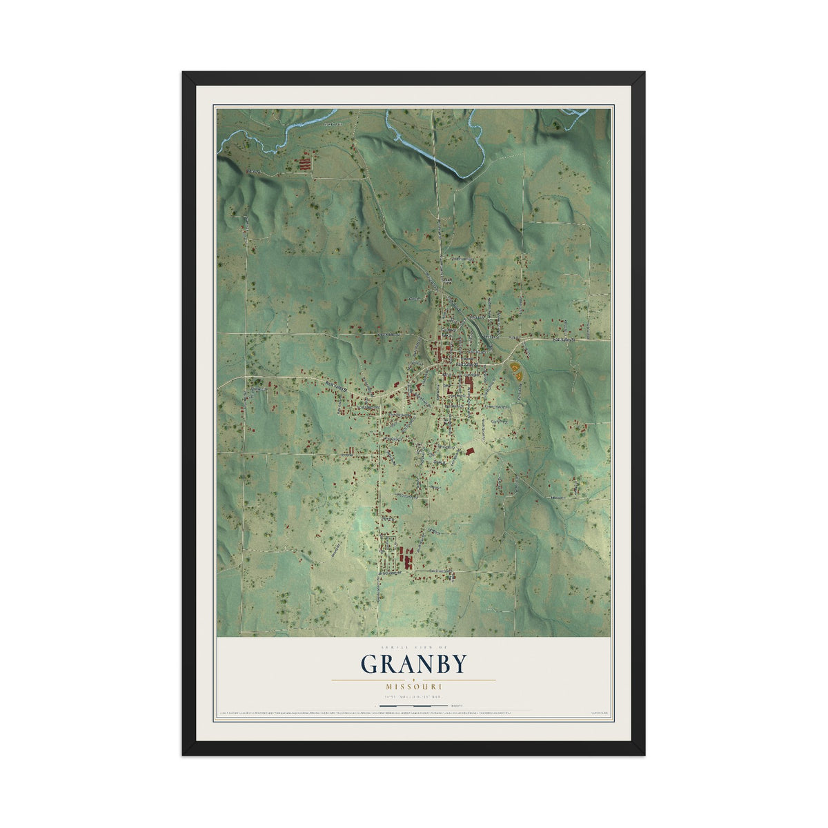 Map of Granby, Missouri, 12 x 18 inch print in a black wood frame