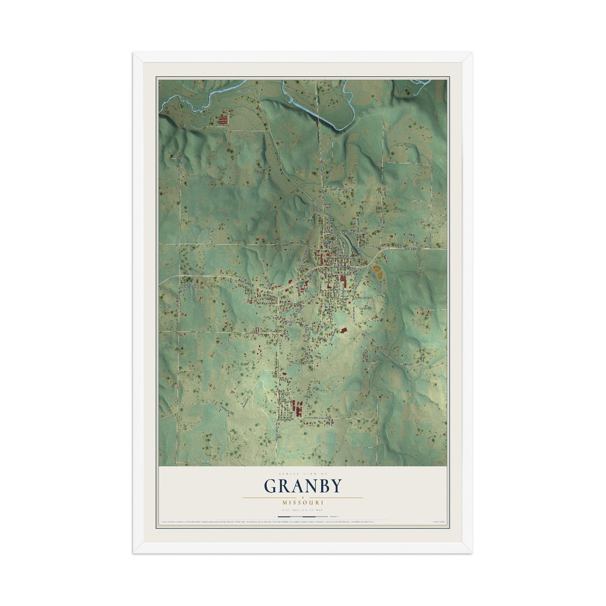 Map of Granby, Missouri, 12 x 18 inch print in a white wood frame