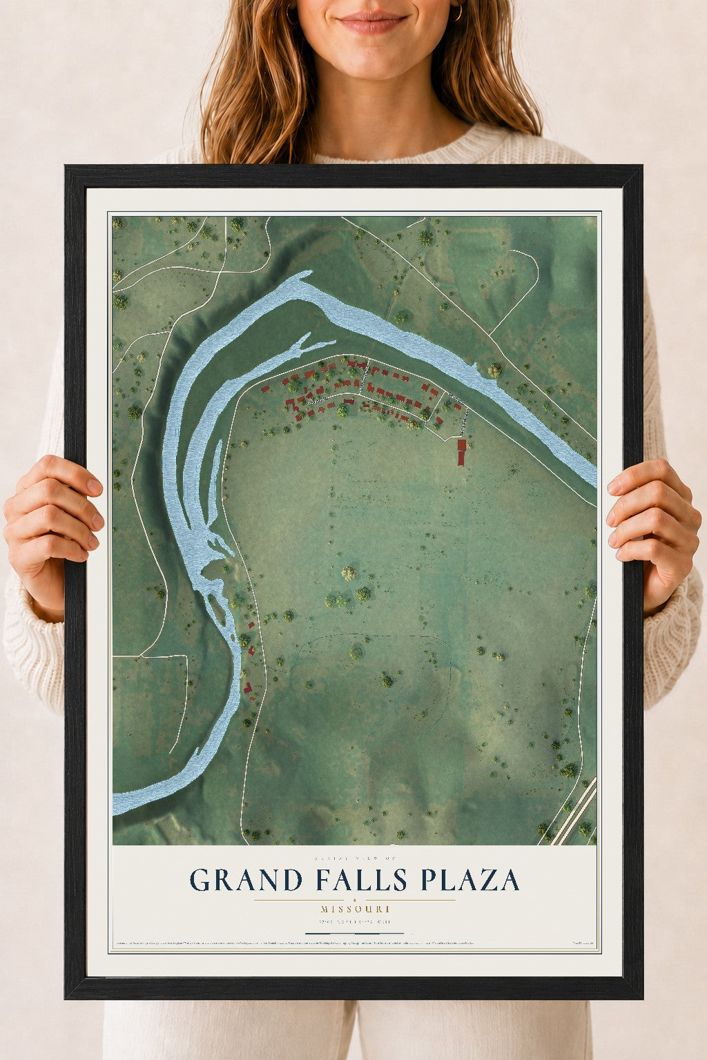 Map of Grand Falls Plaza, Missouri, 18 x 24 inch print in a black wood frame